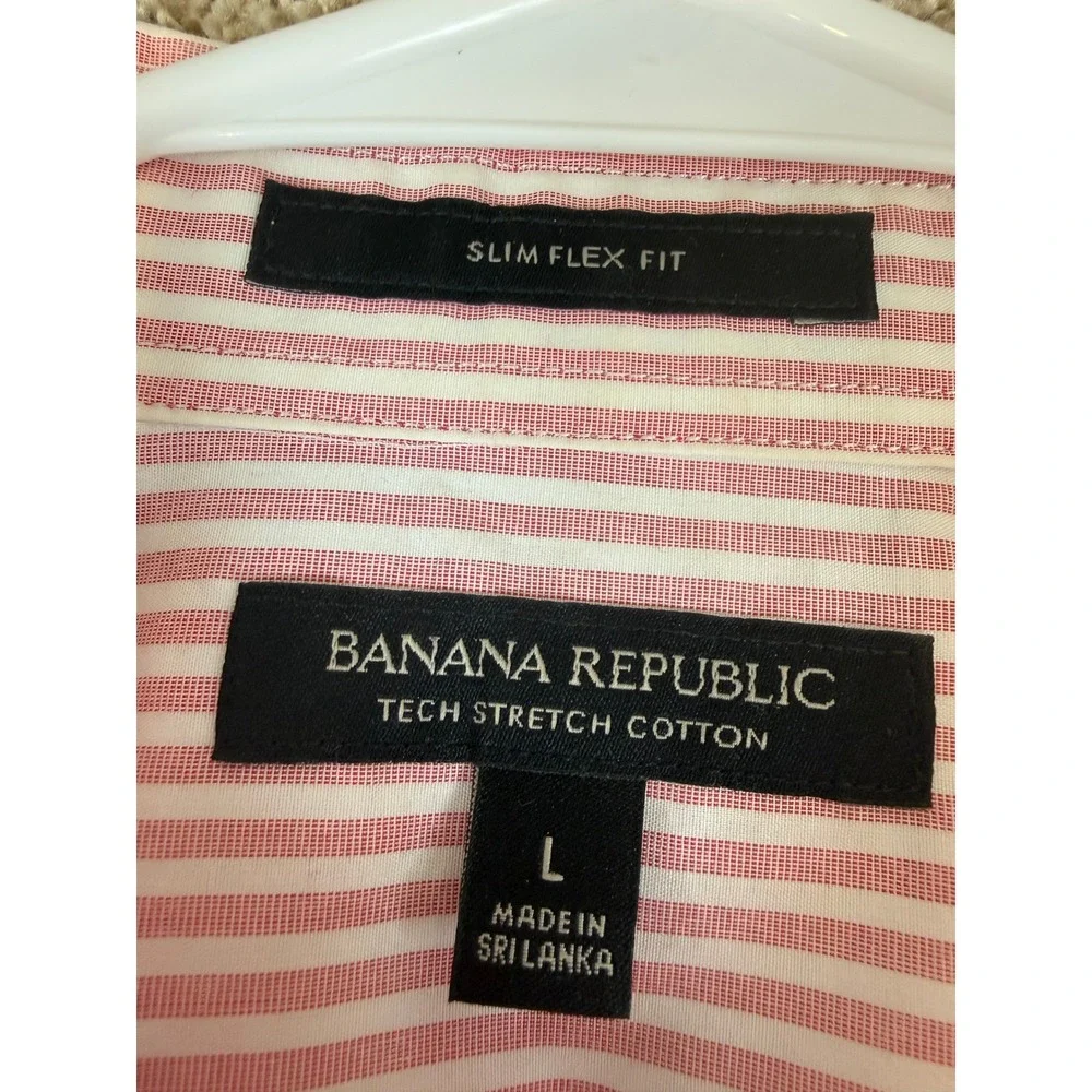 Banana Republic Mens Slim Flex Fit Tech Stretch Cotton Pink Pinstripe Shirt L